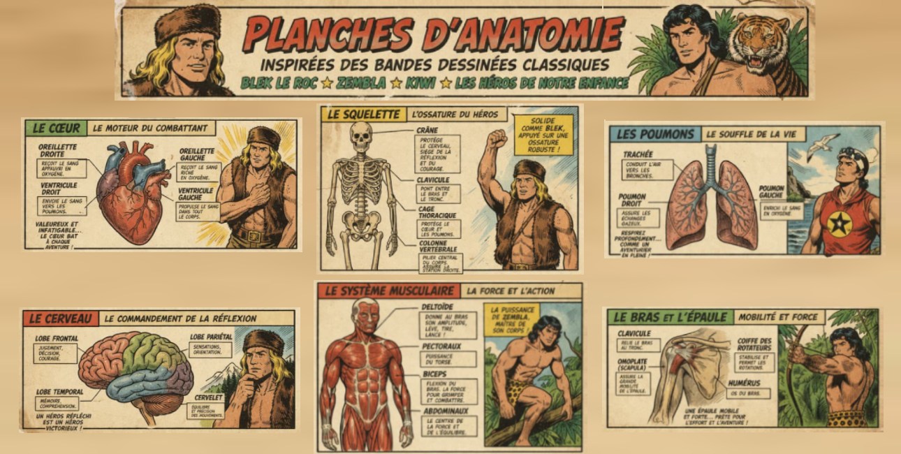 Des hommes, des bandes dessinées et des planches d’anatomie